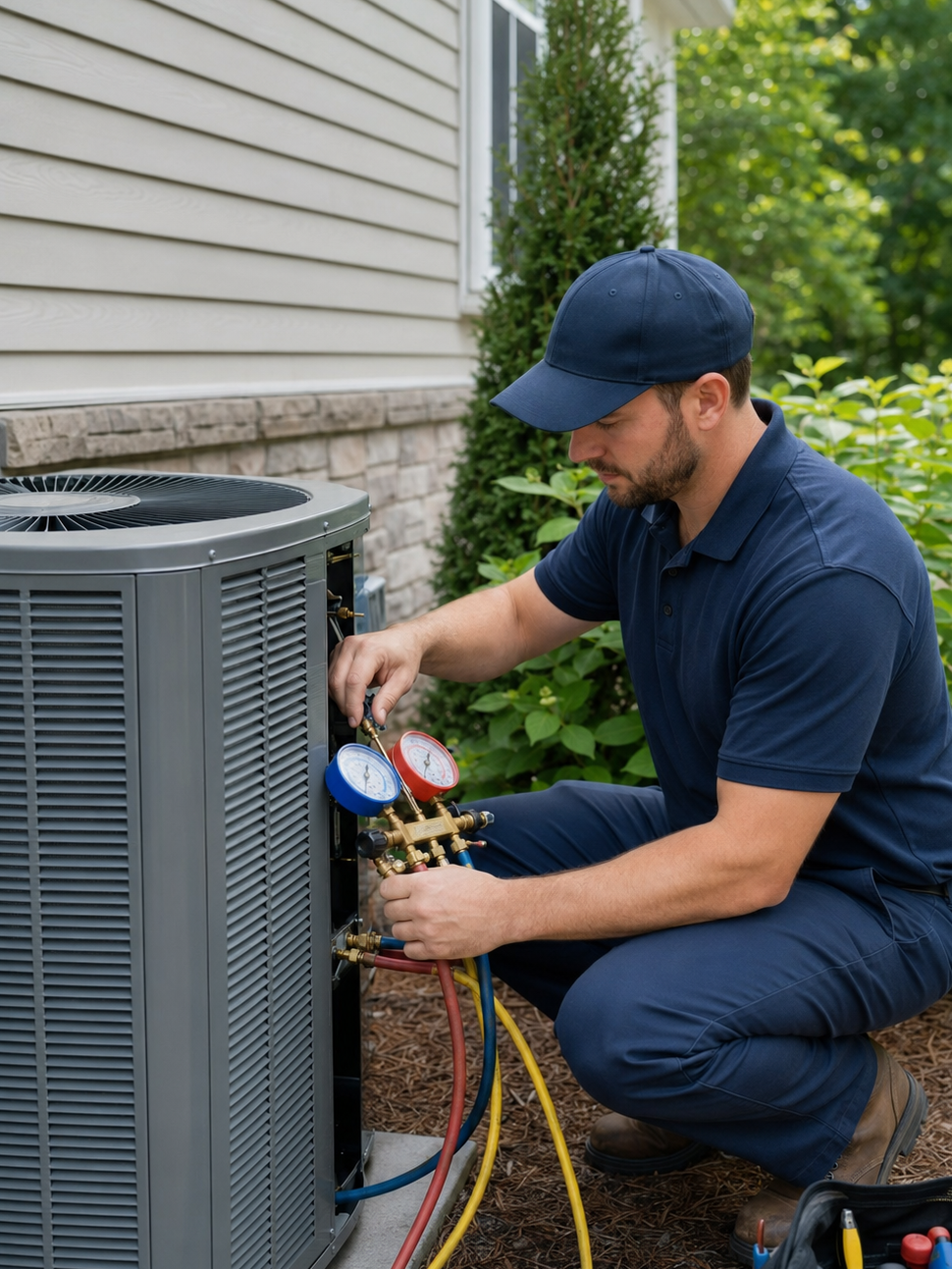 HVAC technician inspecting a residential outdoor condenser